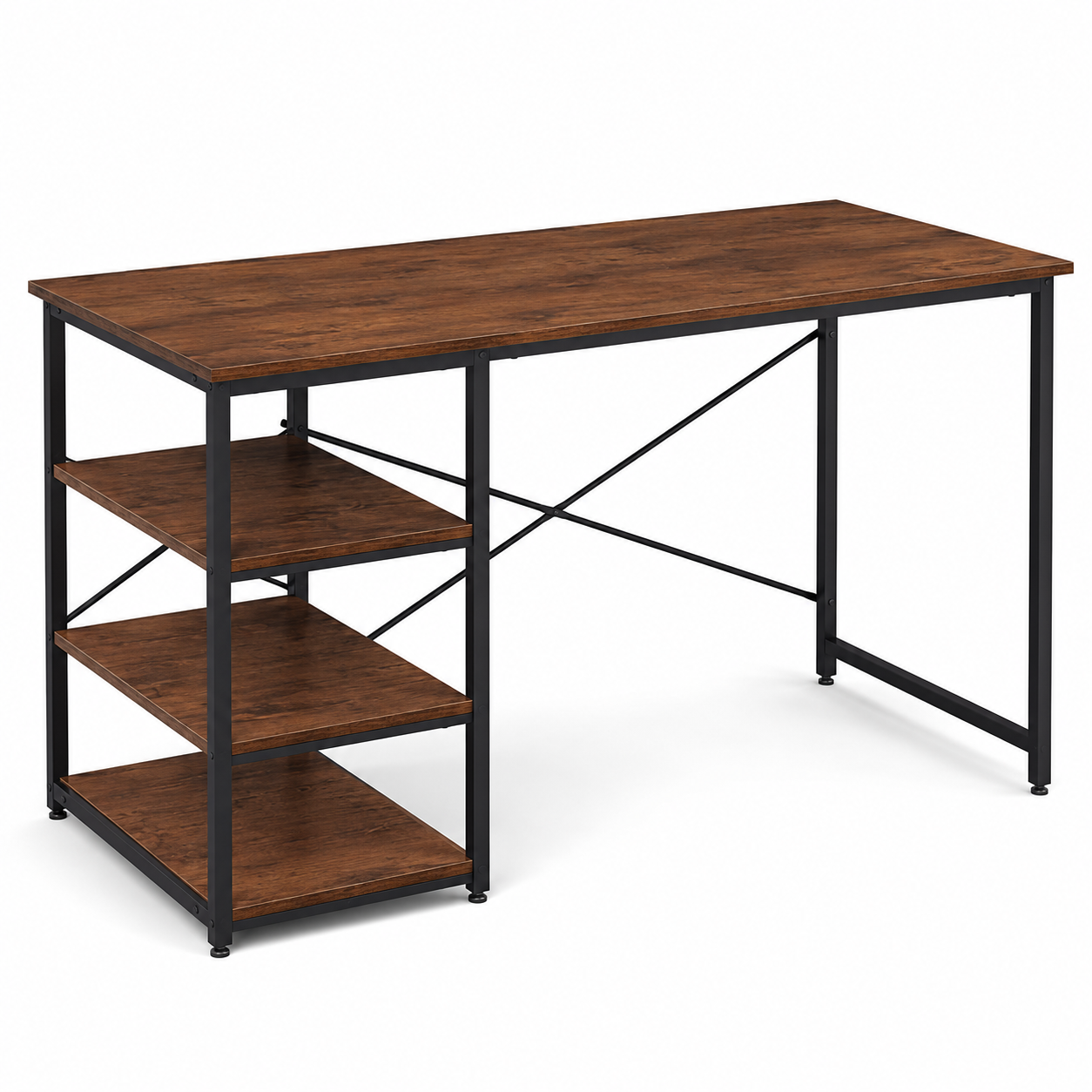 Bureau industriel noyer et métal noir avec étagères 140x60x75 cm