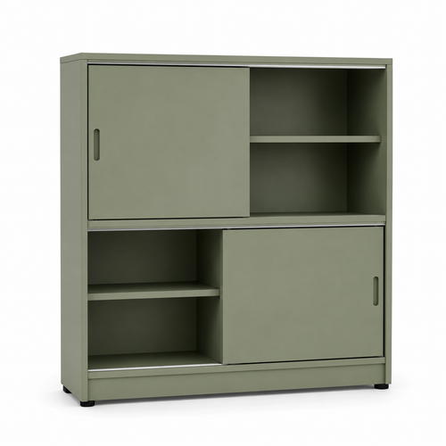 Bibliothèque basse vert sauge à portes coulissantes 120x35x100 cm